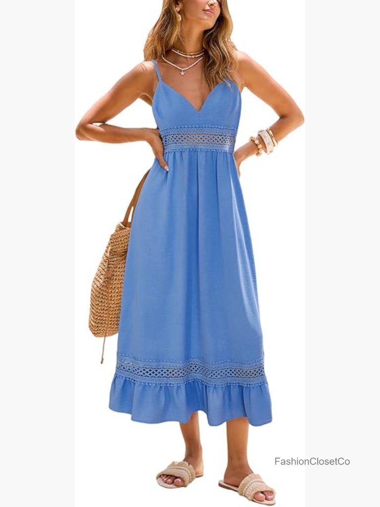 Boho Lace Trim Tiered Eyelet Flowy Maxi Dress V Neck Sleeveless
